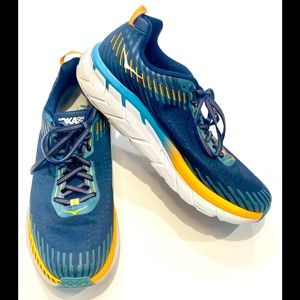 USED HOKA ONE ONE Clifton 5 Mens Size 10.5 Blue Orange Running Shoes Sneakers